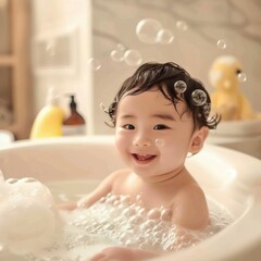 Cute little baby sitting in white bathtub with foam and soap bubbles.