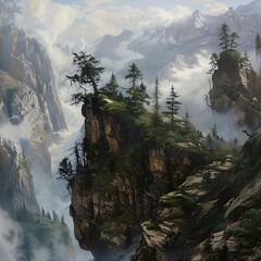 Amidst the rugged terrain, where cliffs meet clouds and trees cling to the mountainside, nature...