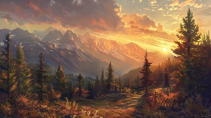 As dawn breaks over the horizon, casting its golden light upon the land, the mountains and trees awaken to a new day, bathed in the promise of possibility.