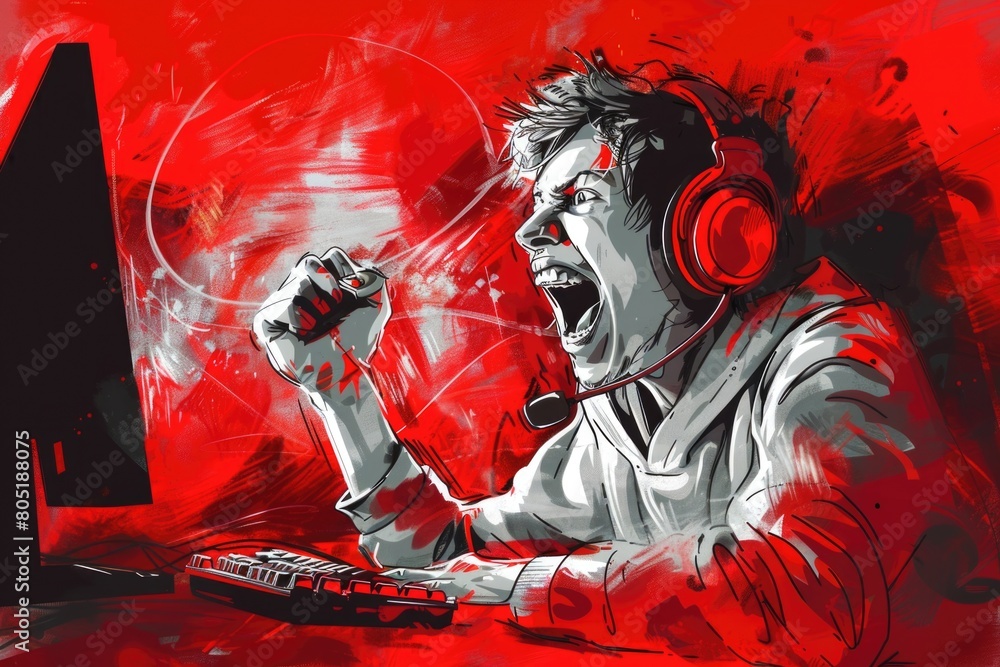 Poster a man wearing headphones and using a microphone at a computer. suitable for technology and communica