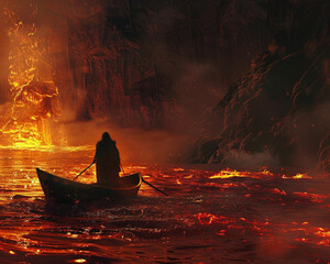 A lone figure rows a boat through a river of lava
