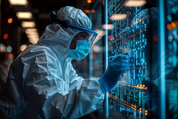 A scientist in protective clothing examines data on illuminated server racks
