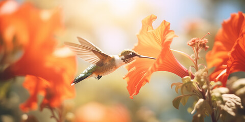 A mesmerizing hummingbird in flight, hovering near a colorful flower. Iridescent beauty of tiny bird, a symbol of vitality and energy.
