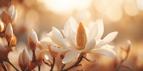 Delicate white magnolia blossoms captured in a close-up shot. Flowers bloom vividly, evoking a sense of purity and tranquility.