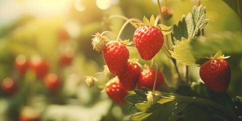 Ripe strawberries glistening in the summer sun, fresh on the vine. Indulge in the juicy sweetness of these succulent berries, a taste of nature's bounty.