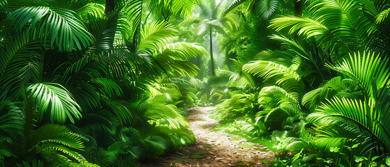 Dense jungle pathway under lush green canopy, vibrant tropical flora creating a serene hiking experience - Powered by Adobe