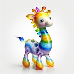 Fototapeta premium A stunning blown glass sculpture of a playful, cute giraffe with seamlessly blended rainbow colors, white background