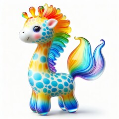 A stunning blown glass sculpture of a playful, cute giraffe with seamlessly blended rainbow colors, white background
