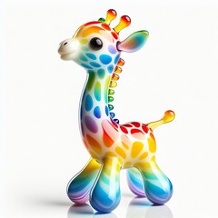 A stunning blown glass sculpture of a playful, cute giraffe with seamlessly blended rainbow colors, white background