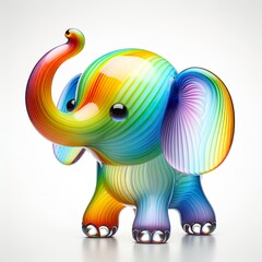 A stunning blown glass sculpture of a playful, cute elephant with seamlessly blended rainbow colors, white background