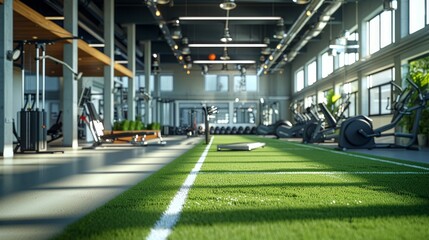 Modern fitness complex hosts aerobics, spinning, and functional training, highlighted by artificial grass and a running track