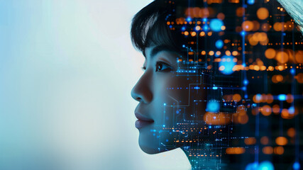 side profile portrait of a white asian female with an ai tech pattern overlay, portraying a cyber security analyst of artificial intelligence and the future of ai in diverse workplace. AI Generative.	
