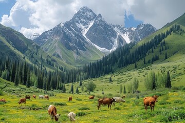 A scenic view of a verdant mountain valley with cattle grazing amidst wildflowers and greenery