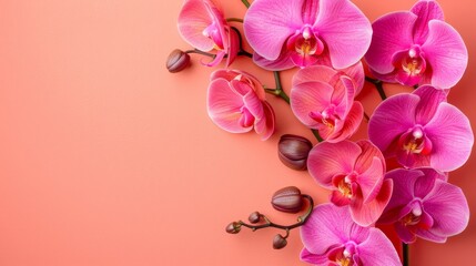   A bouquet of pink orchids against a pink backdrop Space for text or an insertion on the left side