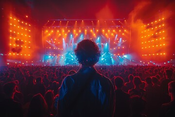 A concert scene viewed from the audience with a single spectator in focus against a backdrop of vibrant stage lighting