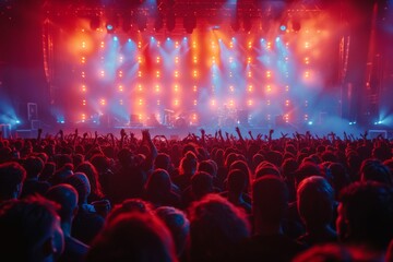 The image captures the energy of a live concert with the audience in silhouette against the glow of stage lights and a performing artist