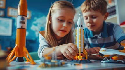 Smart Boys and Girls Making a Model of a Modern Space Rocket