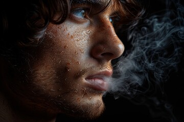 A dramatic close-up of a man exhaling smoke with a concentrated look and visible sweat drops
