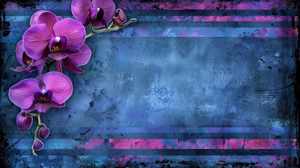   A painting of purple orchids against a blue and purple backdrop, providing space for text or an insert