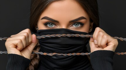   A woman with blue eyes conceals her face with a black scarf, her hands hidden behind her head