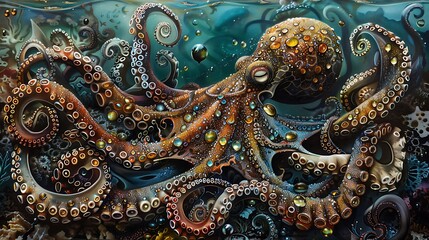 A curious octopus, adorned with shimmering jewels and intricate patterns, delicately arranges a...