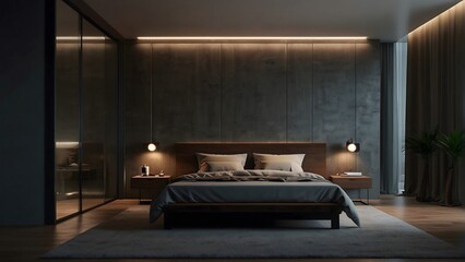 modern and minimal bedroom and the closet interior design, cinematic lighting 