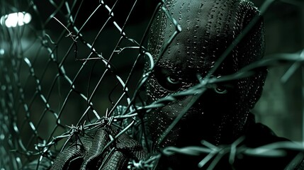   A tight shot of a person gazing through a chain-link fence, water beads adorning its surface - Powered by Adobe