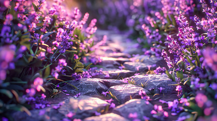 Detailed close-up of blooming lavender, highlighting the vibrant purple colors and intricate...