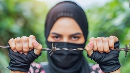   A woman in a hijab gazes seriously at the camera, clutching a length of barbed wire - obrazy, fototapety, plakaty