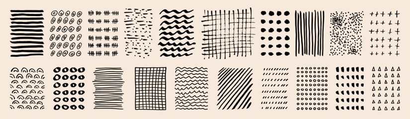 Vector vintage hand drawn hatching patterns. Lines, dots, circles, smears, waves, stripes, brush strokes, triangles. Black hand drawn textures isolated lattice crosshatch elements on beige background