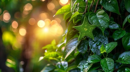   A tight shot of a glistening green leafy plant, adorned with water droplets, under a radiant backlight