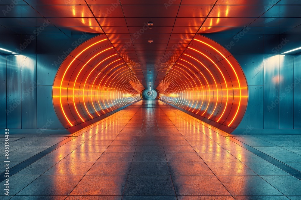 Poster an eye-catching image showcasing a modern tunnel illuminated with a vibrant orange light, creating a