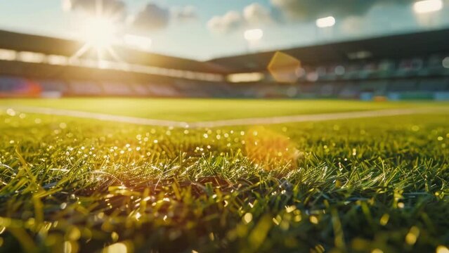 Fresh green grass at football field blur background. Soccer team sport arena outdoor. Empty game stadium.