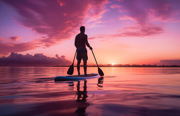Young man on sup board with paddle on summer day Silhouette of man paddling at sunset