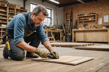 Man refurbishing shop location- laying flooring