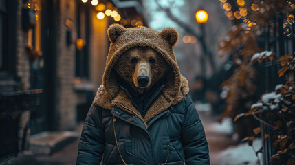 Dapper bear struts through urban jungle, exuding street style in a tailored ensemble. Realistic cityscape forms the backdrop,
