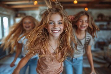 A joyful moment of girls running playfully in a house with one leading the way and blurred motion