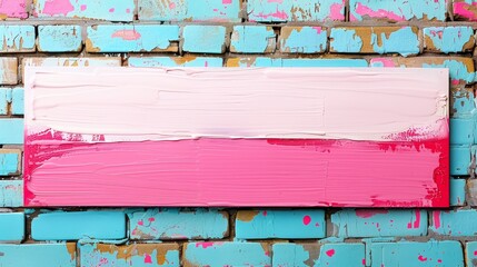   A brick wall bears a pink-blue painting, crowned by a white stripe of paint atop