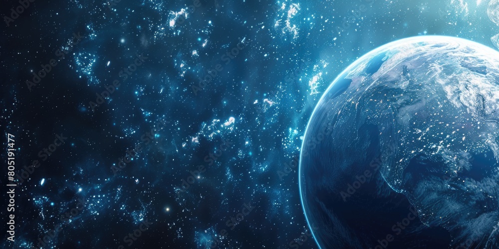 Poster earth seen from space with stars in the background. suitable for science and astronomy concepts