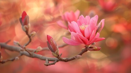   A pink blossom unfurls on a tree branch against a hazy backdrop of red and yellow foliage