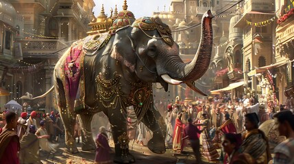 A majestic elephant, adorned with intricate patterns of swirling gold, trumpets triumphantly as it...