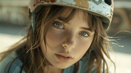 Young girl wearing a helmet outdoors