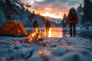 Stunning winter camping scene with a lit fire, tent, and person standing against a backdrop of a golden hour sky reflecting off a snowy landscape