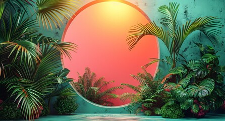 Surreal Tropical Landscape with Radiant Sunset and Lush Greenery
