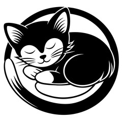 Cute cartoon cat logo, sleeping curled in circle. Adorable kitty symbol. Isolated vector clip art illustration.