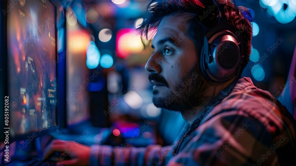 Poster a game developer deeply focused on creating games surrounded by screens and consoles. concept game d