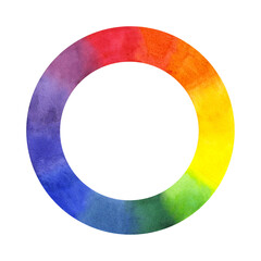 Itten`s color wheel, multicolor circle spectrum CMYK palette. Rainbow light gradient. Twelve part color RBG system. Hand drawn watercolor illustration isolated background. For art school.