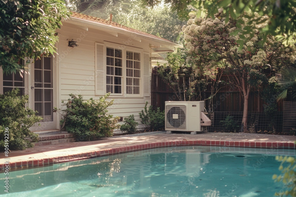 Poster a serene image of a small pool in front of a white house. perfect for real estate or architecture co
