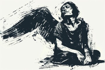 Black and white illustration of a woman with wings, suitable for various design projects