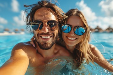 Happy Couple Taking Selfie in Tropical Swimming Pool with Sunglasses
 - Powered by Adobe
